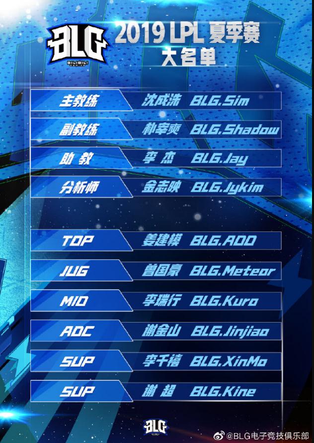 BLG：英雄联盟2019夏季赛大名单进行了公布！！